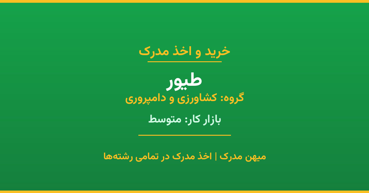اخذ مدرک رشته طیور در گروه کشاورزی و دامپروری. بازار کار متوسط. تمامی مقاطع کاردانی، کارشناسی، ارشد و دکتری با استعلام رسمی. مشاوره رایگان و ثبت درخواست.