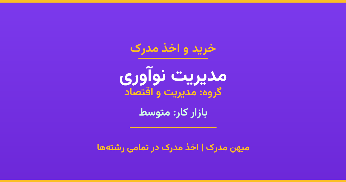 مدرک رشته مدیریت نوآوری از گروه مدیریت و اقتصاد. اخذ مدرک در مقاطع کاردانی تا دکتری با تضمین اصالت و قابلیت استعلام. مشاوره تخصصی و ثبت درخواست آنلاین.