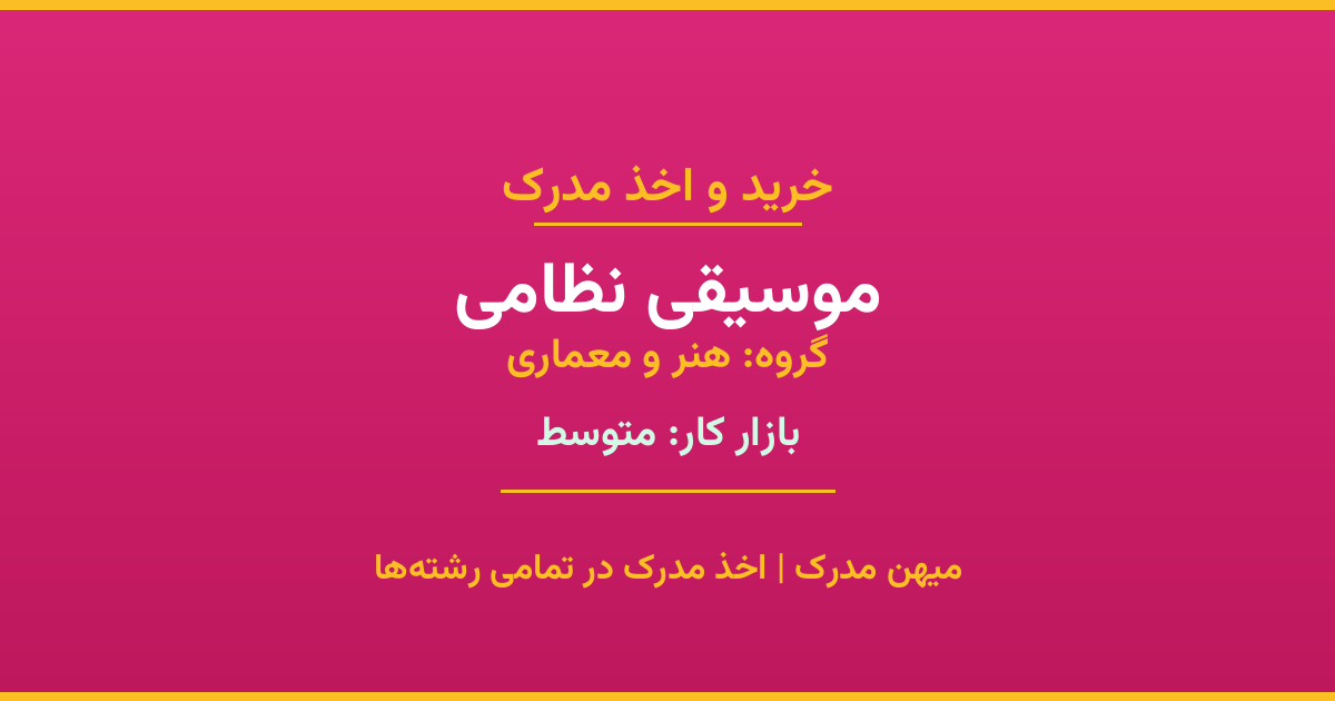 اخذ مدرک موسیقی نظامی - رشته‌ای پرتقاضا از گروه هنر و معماری. مدارک معتبر برای استخدام و ارتقای شغلی. استعلام رسمی و پشتیبانی کامل.