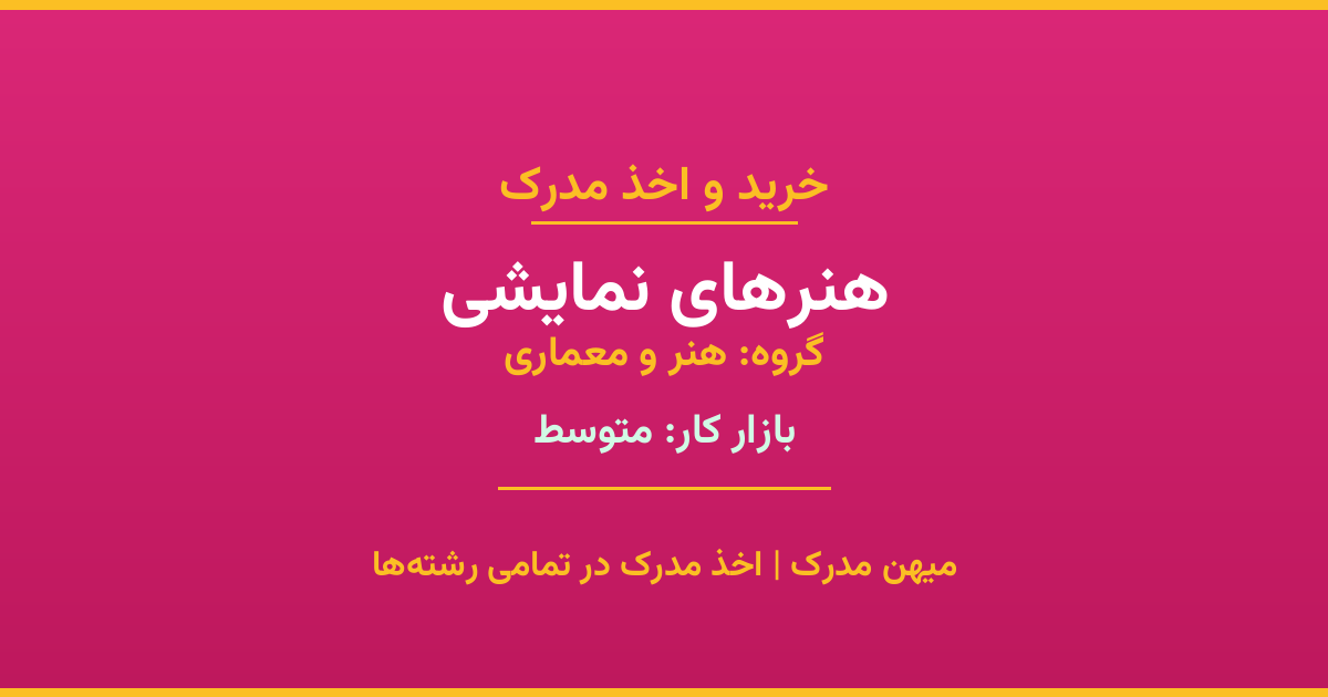 اخذ مدرک رشته هنرهای نمایشی در گروه هنر و معماری. بازار کار متوسط. تمامی مقاطع کاردانی، کارشناسی، ارشد و دکتری با استعلام رسمی. مشاوره رایگان و ثبت درخواست.